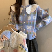 蕾丝娃娃领针织毛衣女春秋2023设计感洋气百搭长袖外套上衣