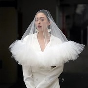2022荷叶边新娘婚纱头纱白色短款影楼化妆造型头纱拍照配饰品