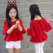 女童韩版纯棉短袖t恤红色，中袖娃娃衫宽松女孩，时尚洋气宽松上衣夏