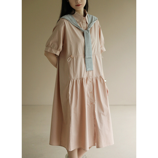 天然出品两色翻领短袖连衣裙女针织条纹拼接衬衫裙夏季QA6267