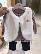 韩国中小童装20秋冬宝狐狸毛马甲红格子衬衫加绒裤子三件套S4