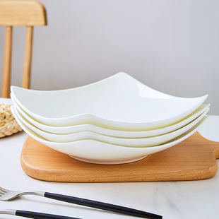 景德镇餐具盘子纯白色陶瓷沙拉盘，家用意面方盘骨瓷菜碟子翘角盘
