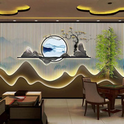新中式山水画客厅背景墙装饰画，墙纸茶室文化墙，壁纸茶叶店背景壁布