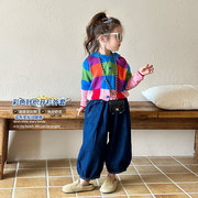 女童毛衣秋装2023韩版女宝宝洋气时髦格子，针织衫儿童连帽外套