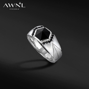 AWNL发现者黑玛瑙盾形戒指男925银高级个性时尚送男友生日礼物