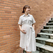 孕妇连衣裙夏季薄款高级气质，显瘦纯棉亚麻，条纹可哺乳衬衫裙中长款