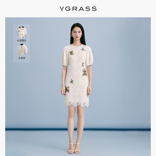vgrass设计感白色蕾丝，连衣裙夏季气质，精致裙子女vsl2o22880