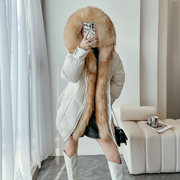 超大毛领羽绒服女2023冬季女装，皮草白色中长款休闲白鸭绒(白鸭绒)外套
