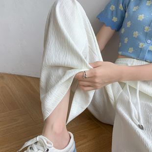 白色冰丝阔腿裤女夏季薄款高腰，垂感宽松直筒裤，休闲小个子雪纺裤子