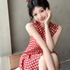 韩系学院风红色格子背心，连衣裙女2024夏季小个子，甜美减龄收腰短裙