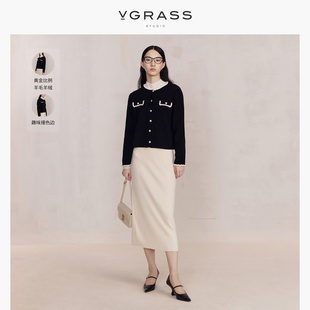 羊绒羊毛VGRASS撞色针织开衫冬季经典黑时尚质感