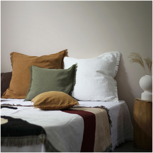 WOOKEN苎麻床头靠枕亚麻客厅流苏手工沙发靠垫纯色方形抱枕套复古
