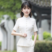 唐装夏装女中国风中式盘扣上衣改良旗袍佛系白禅服茶服居士服夏季