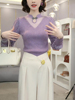 紫色蕾丝长袖针织打底衫上衣2023别致时尚洋气时髦国盘扣毛衣