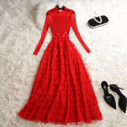 订婚裙子红色礼服裙高级质感2024蛋糕裙，长裙女高端大牌连衣裙