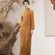知笔墨2021春款橙黄佛系色织，亚麻轻中式改良旗袍立领斜襟连衣裙
