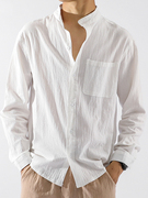 夏季亚麻衬衫男长袖，修身休闲薄款纯色，日系复古工装防晒棉麻料衬衣