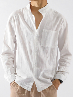 夏季亚麻衬衫男长袖，修身休闲薄款纯色日系复古工装防晒棉麻料衬衣