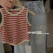 韩版童装女童条纹背心，2024夏装儿童时髦无袖吊带，上衣宝宝t恤