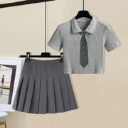 jk学院风辣妹套装女夏季polo领针织短袖，t恤+短裙三件套ins潮