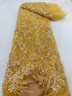 优雅亮片刺绣网低亮片珠子羽毛花朵黄色电脑绣面料连衣裙礼服布料