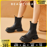 BeauToday短靴女2024春季BT真皮单靴高跟黑色粗跟复古女靴