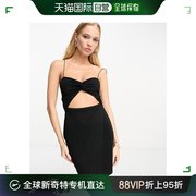 香港直邮潮奢asos女士，设计扭纹打结吊带，迷你开衩连衣裙(黑色)
