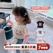 香港靓妞女童春女儿童条纹假2件纯棉长袖T恤卡通打底衫80-100mm n