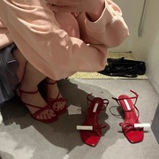 法式绝美凉鞋女夏外穿2024红色蝴蝶结一字细带方头细跟高跟鞋