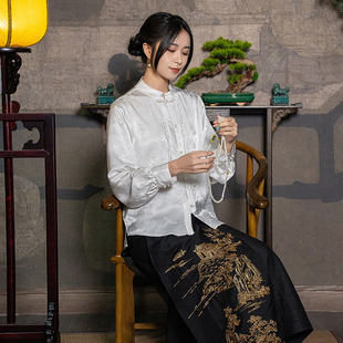 新中式女装春中国风提花天丝复古上衣白衬衫打底长袖盘扣刺绣茶服