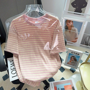 韩系小个子粉色条纹T恤女夏季甜美简约宽松显瘦纯棉短袖上衣