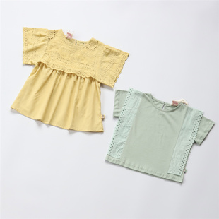 内单 夏季女童甜美镂空刺绣纯棉娃娃衬衣圆领短袖T恤