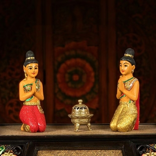 泰国迎宾佛像木雕跪佛玄关摆件东南亚风情侍女酒店会所摆件装饰