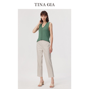 TINA GIA天纳吉儿春季时尚复古法式浪漫宝石绿V领女针织背心