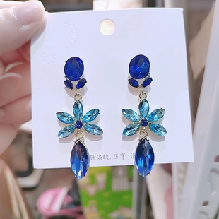银针锆石蓝色花朵水滴耳环法式轻奢高级感耳钉个性设计耳饰女