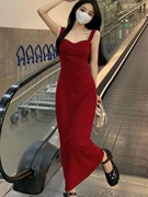 法式红色连衣裙夏季大码胖mm气质长裙，收腰显瘦吊带裙外搭裙子套装