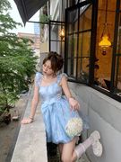 法式甜美蓝色蝴蝶结吊带连衣裙女夏季高级感气质公主蓬蓬裙花苞裙