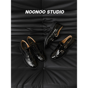 NOONOO/天花板~黑色漆皮复古德比英伦风小皮鞋平底百搭布洛克单鞋