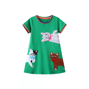 卡通绿色小猫儿童裙子，夏季外贸童装女童短袖连衣裙，纯棉针织a字裙