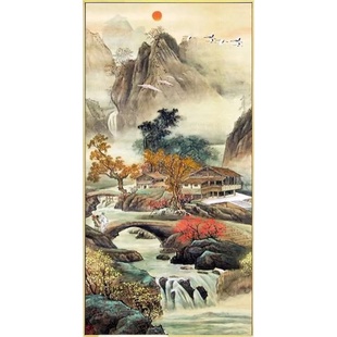 印花纯棉dmc十字绣客厅大画招财山水风景，画竖版安居福地