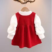 女童红色连衣裙秋冬时髦2件套装，裙子加绒公主，裙宝宝周岁生日礼服