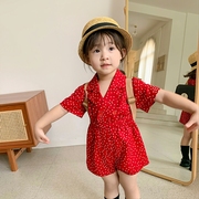 夏季女童连衣裙宝宝韩版洋气儿童，个性潮牌翻领波点短袖连身裤