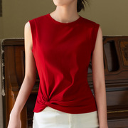 红色无袖背心女扭结设计感圆领T恤夏季2024年法式掐腰上衣女