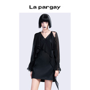 Lapargay纳帕佳春夏女装黑色上衣个性时尚露肩花边式连衣裙潮