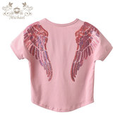女童打底衫tutu半身裙配的儿童短袖T恤ins天使翅膀亮片刺绣套头衫