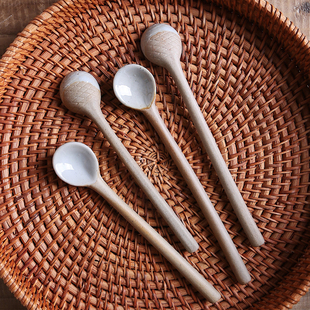 日式粗陶咖啡勺搅拌勺，陶瓷小勺子精致小调羹，勺子牛奶勺子马克杯勺