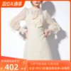 aui杏色名媛气质泡泡袖连衣裙，女2023秋季娃娃，领修身长袖a字裙