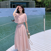 ByYou 夏季高级感粉色短款仙女雪纺衫上衣套装女长款半身裙两件套