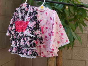 781日夏季女童和服，套装棉布二件套短袖上衣，短裤粉色无腰带