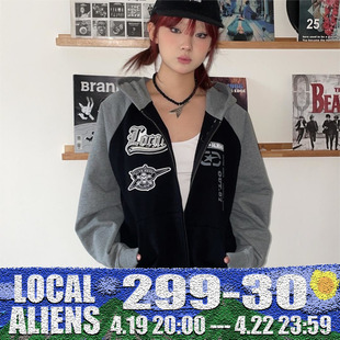 localaliens外星沙龙骷髅刺绣，贴布插肩拉链，连帽卫衣街头宽松外套